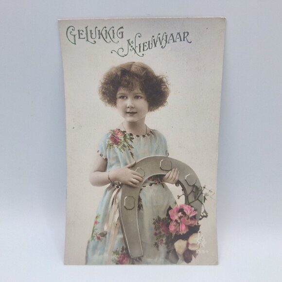 Antique Gelukkig Nieuwjaar Postcard Hand Colored New Year Horseshoe Girl Dutch - Picture 1 of 8